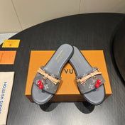 LV SLIDE SANDALS 25S IN DARK GREY DENIM AND CALFSKIN WITH CHERRY BLOSSOM BUCKLE