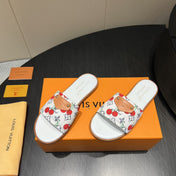 LV SLIDE SANDALS 25S IN WHITE DENIM AND CALFSKIN WITH LOGO PRINT