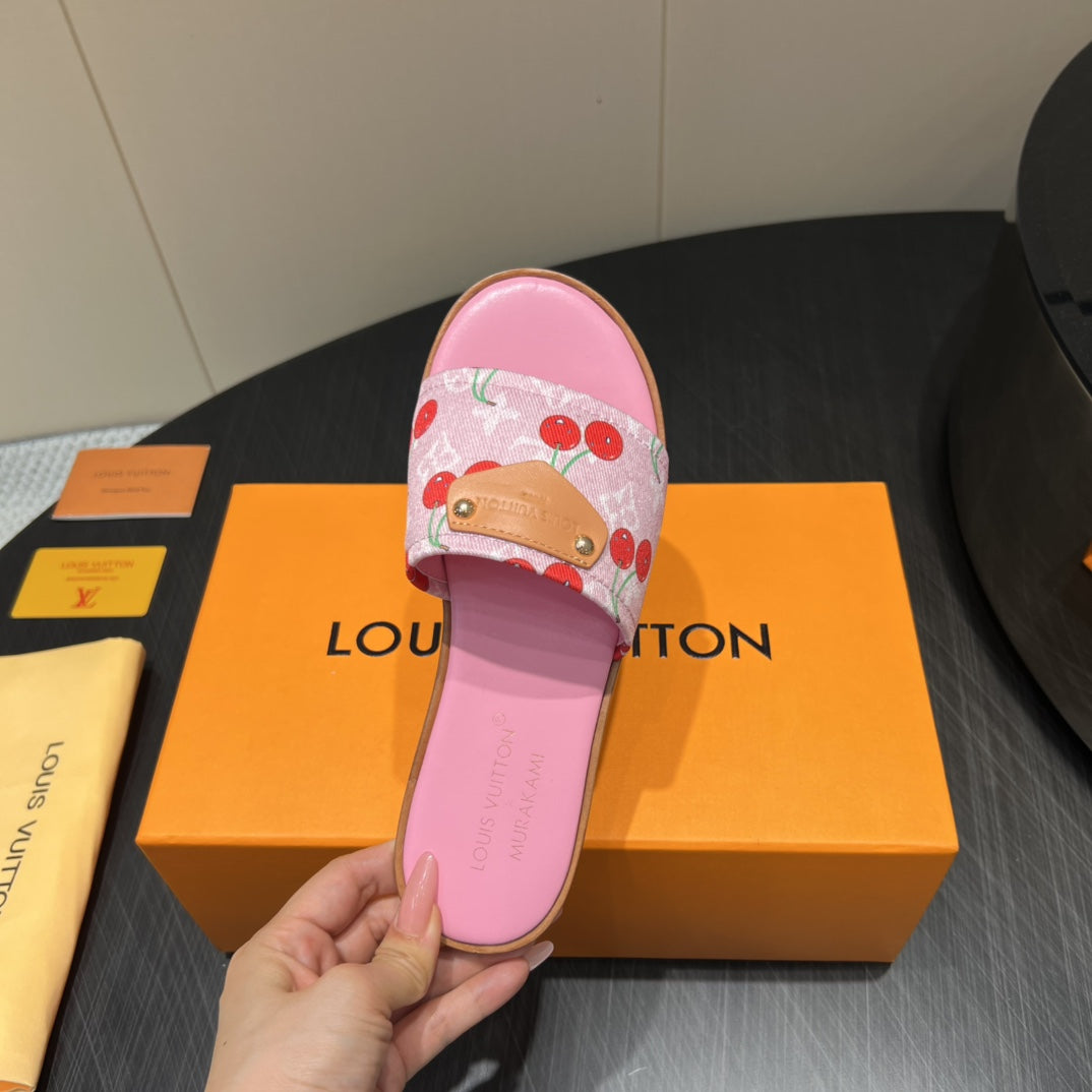 LV SLIDE SANDALS 25S IN PINK DENIM AND CALFSKIN WITH LOGO PRINT