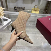 GUCCI 26S HORSEBIT ANKLE BOOTS 55 MM IN BEIGE GG CANVAS