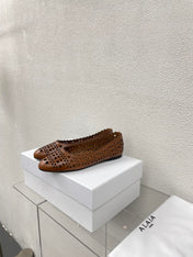 ALAIA BALLET FLAT IN CARAMEL BROWN MESH LAMBSKIN