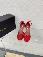 ALAIA HIGH FISHNET 9 CM PUMPS IN CHERRY RED MESH