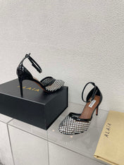 ALAIA HIGH FISHNET PUMPS IN BLACK MESH WITH WHITE RHINSTONES