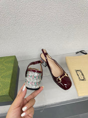GG WOMEN'S HORSEBIT SLINGBACK IN WINE RED CALFSKIN WITH RHINSTONES