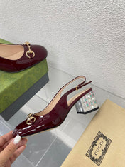 GG WOMEN'S HORSEBIT SLINGBACK IN WINE RED CALFSKIN WITH RHINSTONES