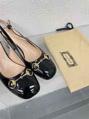 GG WOMEN'S HORSEBIT SLINGBACK IN BLACK CALFSKIN WITH RHINSTONES