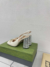GG WOMEN'S HORSEBIT SLINGBACK 95MM IN WHITE CALFSKIN WITH RHINSTONES