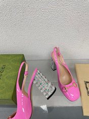 GG WOMEN'S HORSEBIT SLINGBACK 95MM IN FUSICA PINK CALFSKIN WITH RHINSTONES