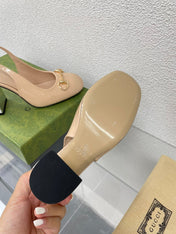GG WOMEN'S HORSEBIT SLINGBACK 95MM IN TAN BEIGE CALFSKIN WITH RHINSTONES