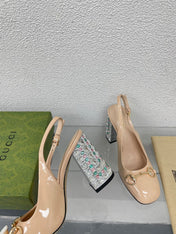 GG WOMEN'S HORSEBIT SLINGBACK 95MM IN TAN BEIGE CALFSKIN WITH RHINSTONES