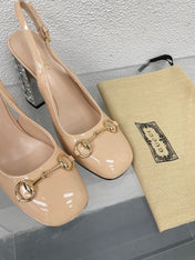 GG WOMEN'S HORSEBIT SLINGBACK 95MM IN TAN BEIGE CALFSKIN WITH RHINSTONES