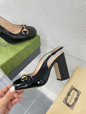 GG WOMEN'S HORSEBIT SLINGBACK 95MM IN BLACK CALFSKIN