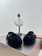 SHEARLING BALLET FLAT BLACK WITH SUEDE STRAP