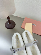 SHEARLING BALLET FLAT WHITE WITH SUEDE STRAP