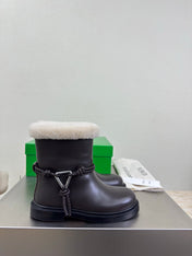 BOTTEGA VENETA 26S FUR-LINED BOOTS IN DARK BROWN CALFSKIN AND WHITE WOOL