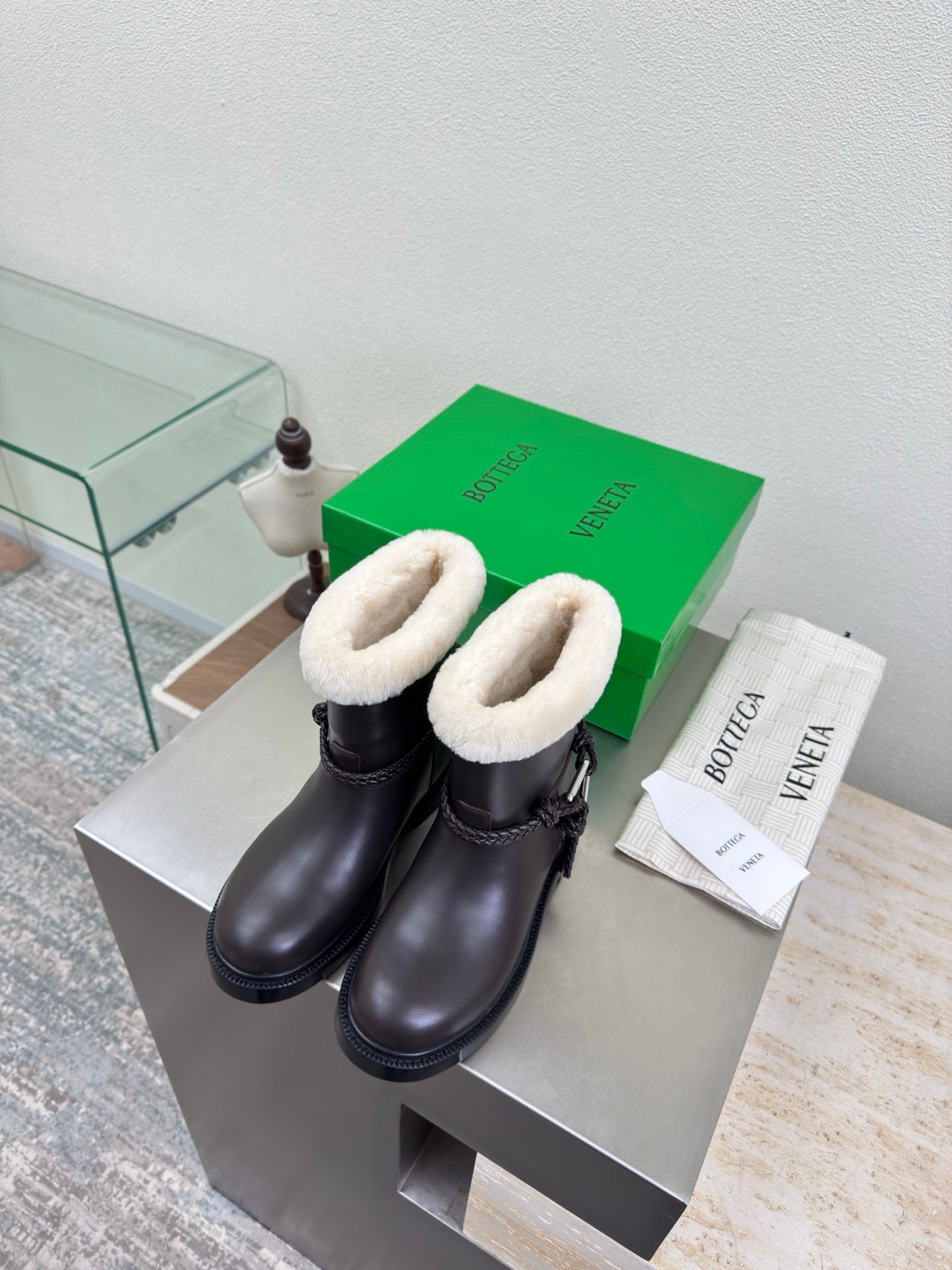 BOTTEGA VENETA 26S FUR-LINED BOOTS IN DARK BROWN CALFSKIN AND WHITE WOOL