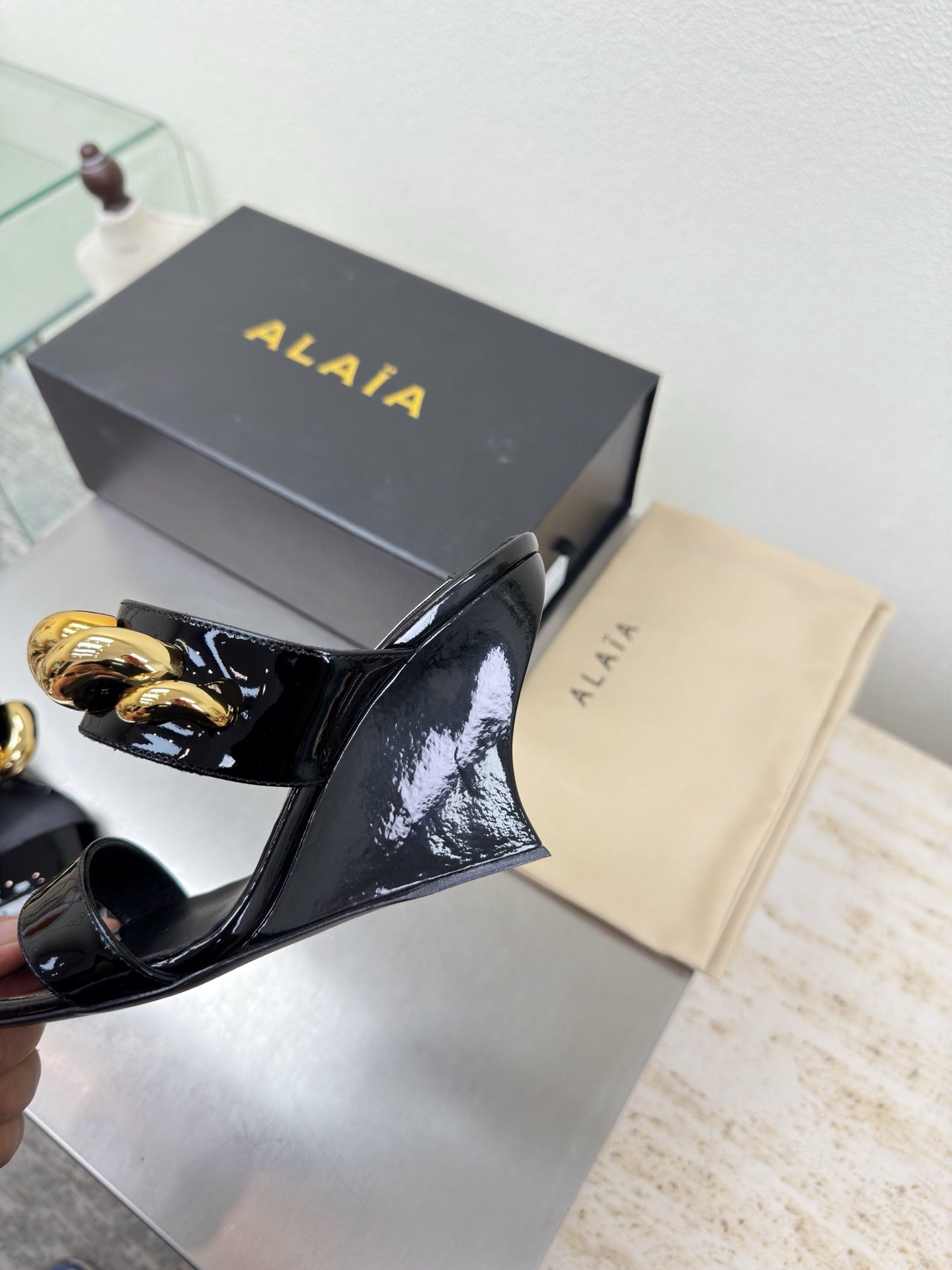 ALAIA 26S DOUBLE STRAP WEDGE SANDALS 110 MM IN BLACK GLOSSY CALFSKIN WITH GOLD HARDWARE