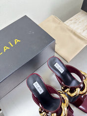 ALAIA 26S DOUBLE STRAP WEDGE SANDALS 110 MM IN DARK RED GLOSSY CALFSKIN WITH GOLD HARDWARE