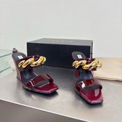 ALAIA 26S DOUBLE STRAP WEDGE SANDALS 110 MM IN DARK RED GLOSSY CALFSKIN WITH GOLD HARDWARE
