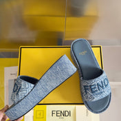 FENDI PLATFORM WEDGES IN STEEL BLUE JACQUARD FABRIC WITH EMBROIDERED LOGO