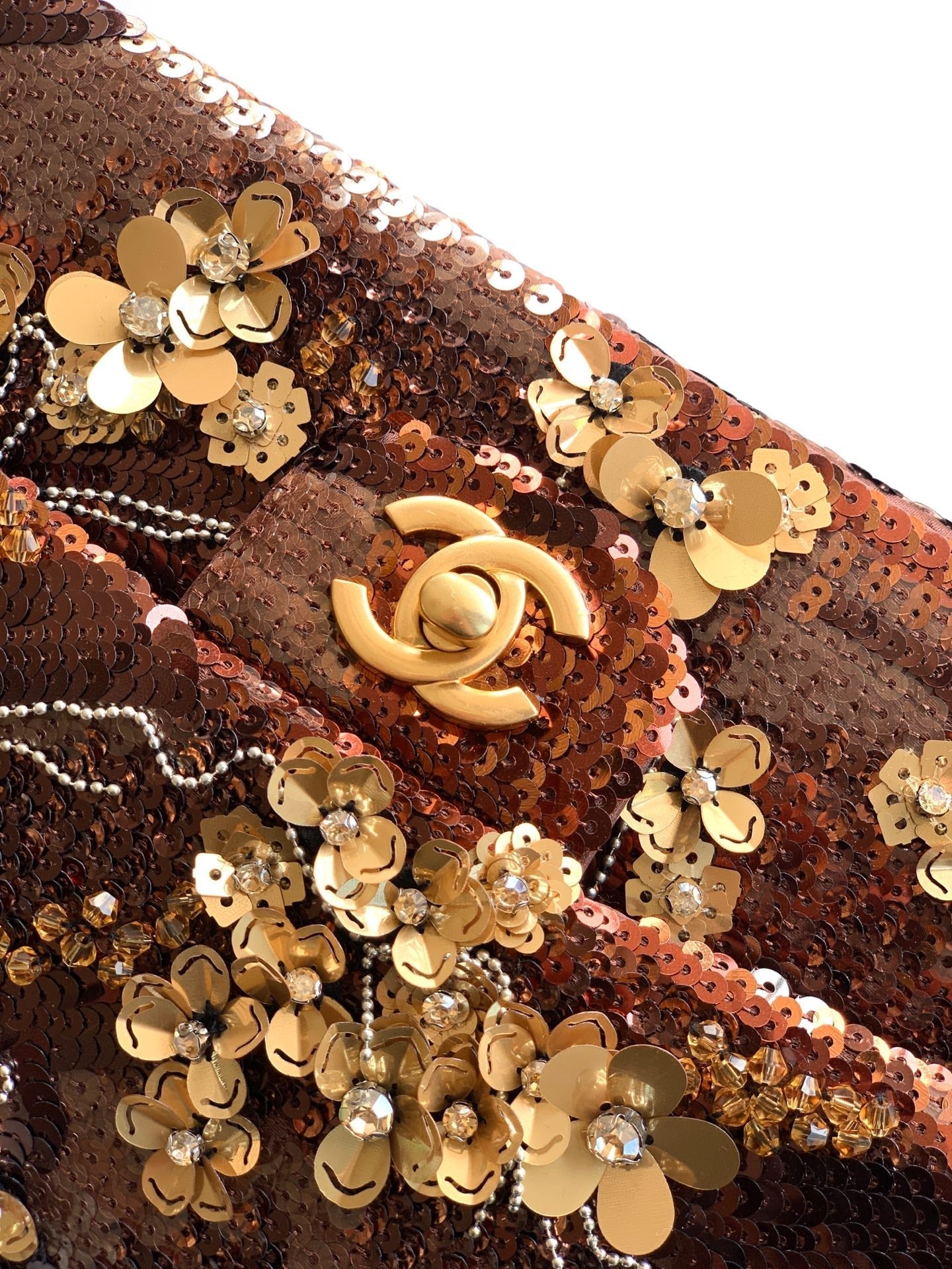 CHANEL 26S CLASSIC FLAP 25 IN BROWN BRONZE SEQUIN GOLD HARDWARE