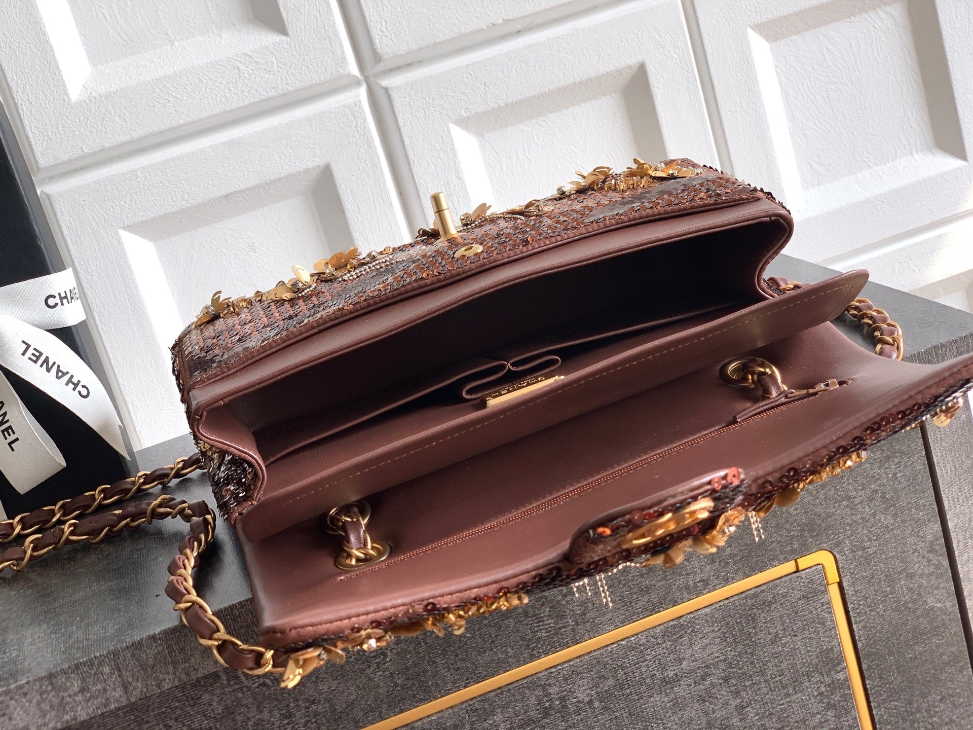 CHANEL 26S CLASSIC FLAP 25 IN BROWN BRONZE SEQUIN GOLD HARDWARE