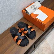 HM 26S KAZIMIR SANDAL IN BLACK CALFSKIN AND ORANGE FABRIC