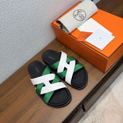 HM 26S KAZIMIR SANDAL IN WHITE CALFSKIN AND GREEN FABRIC