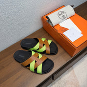 HM 26S KAZIMIR SANDAL IN CARAMEL BROWN CALFSKIN AND LIME GREEN FABRIC