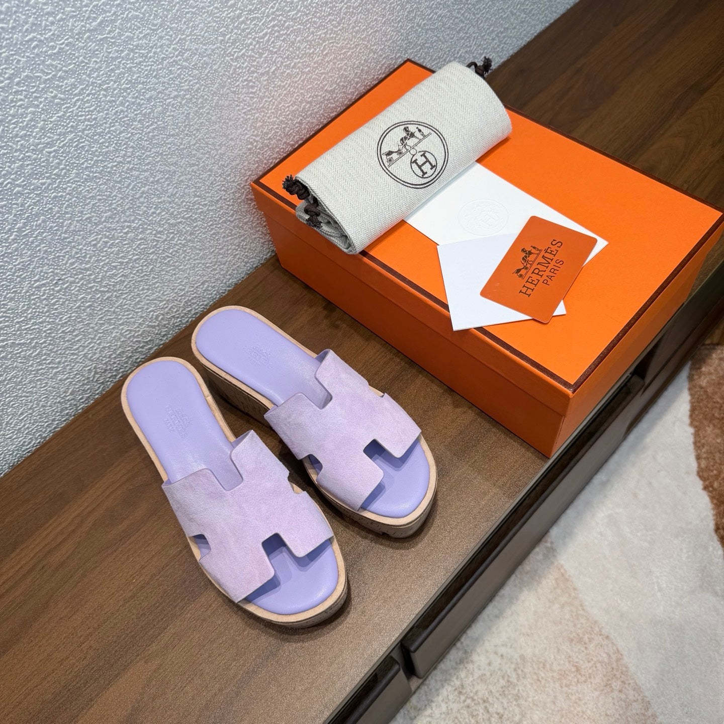 HM 26S H CUT PLATFORM SLIDES IN LAVENDER PURPLE SUEDE CORK SOLE
