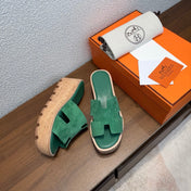 HM 26S H CUT PLATFORM SLIDES IN EMERALD GREEN SUEDE CORK SOLE