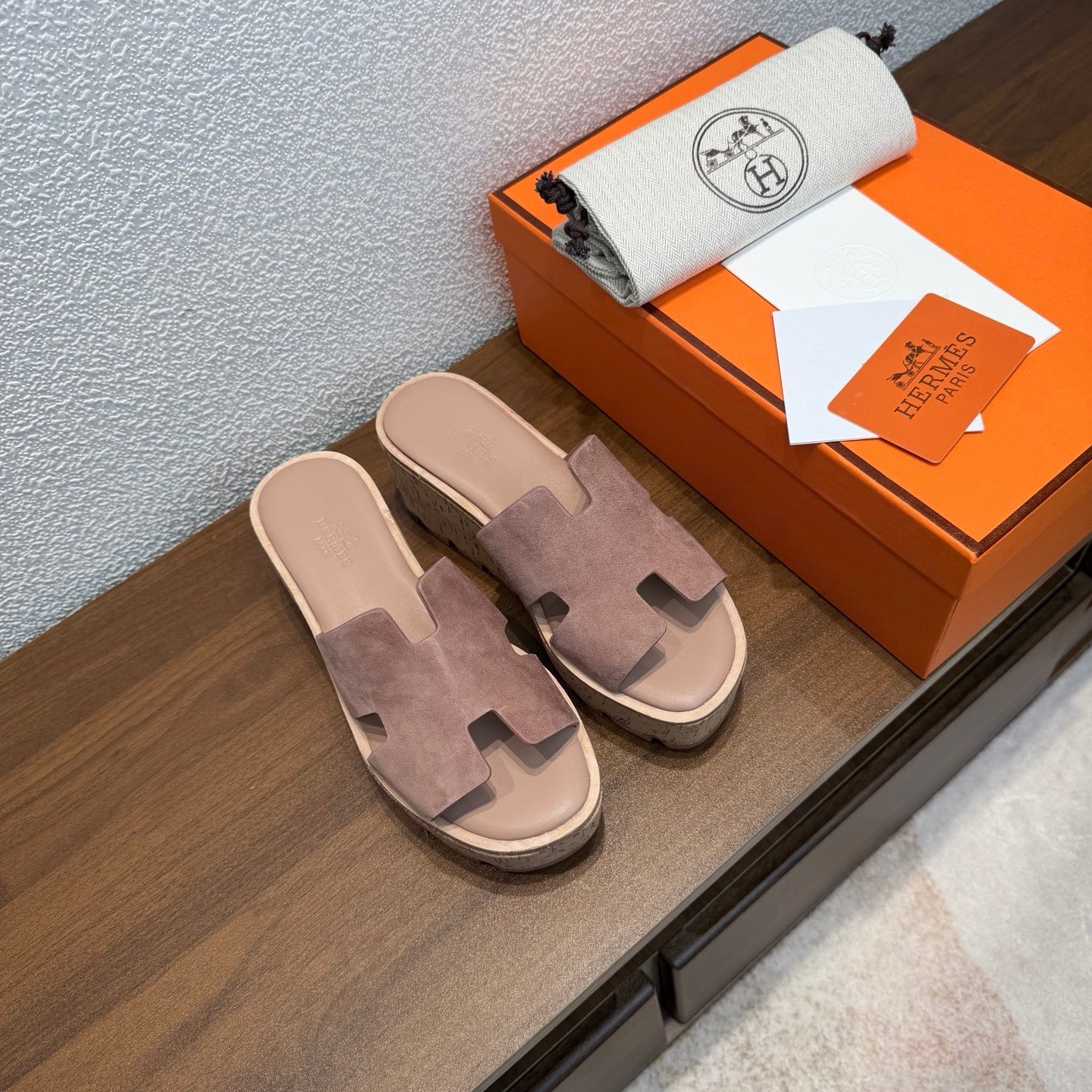 HM 26S H CUT PLATFORM SLIDES IN ROSE BROWN SUEDE CORK SOLE