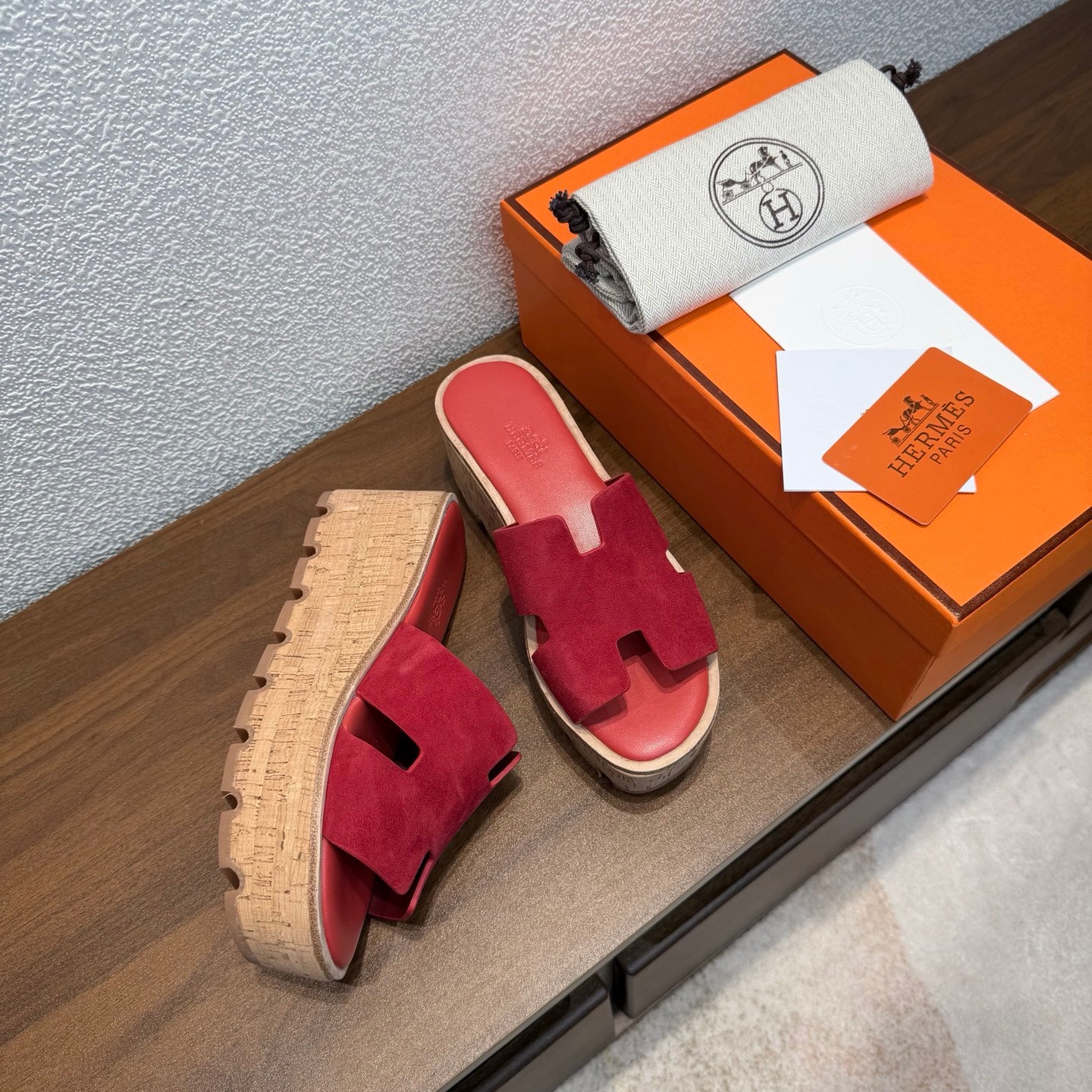 HM 26S H CUT PLATFORM SLIDES IN RED SUEDE CORK SOLE
