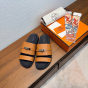 HM 26S KELLY BUCKLE DOUBLE STRAP SANDALS IN CARAMEL BROWN CALFSKIN