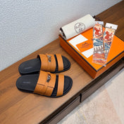 HM 26S KELLY BUCKLE DOUBLE STRAP SANDALS IN CARAMEL BROWN CALFSKIN