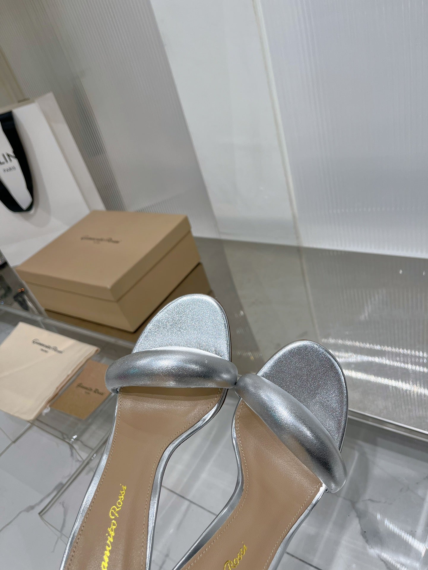 GIANVITO ROSSI 26S PADDED STRAP HIGH-HEEL MULES 105 MM IN SILVER LAMBSKIN