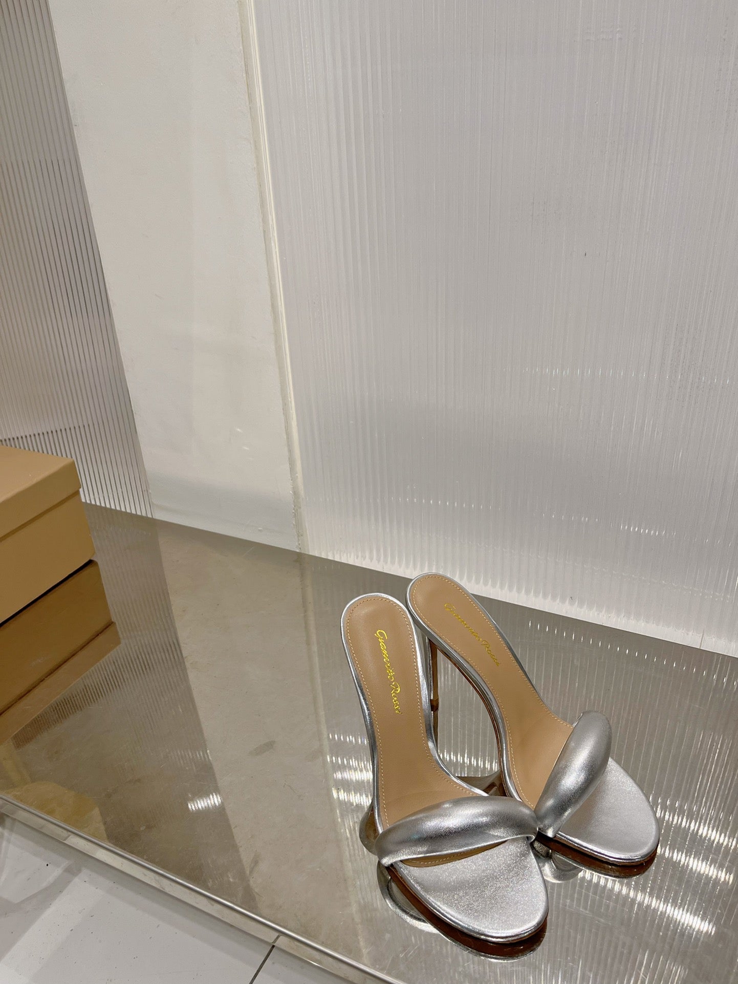 GIANVITO ROSSI 26S PADDED STRAP HIGH-HEEL MULES 105 MM IN SILVER LAMBSKIN