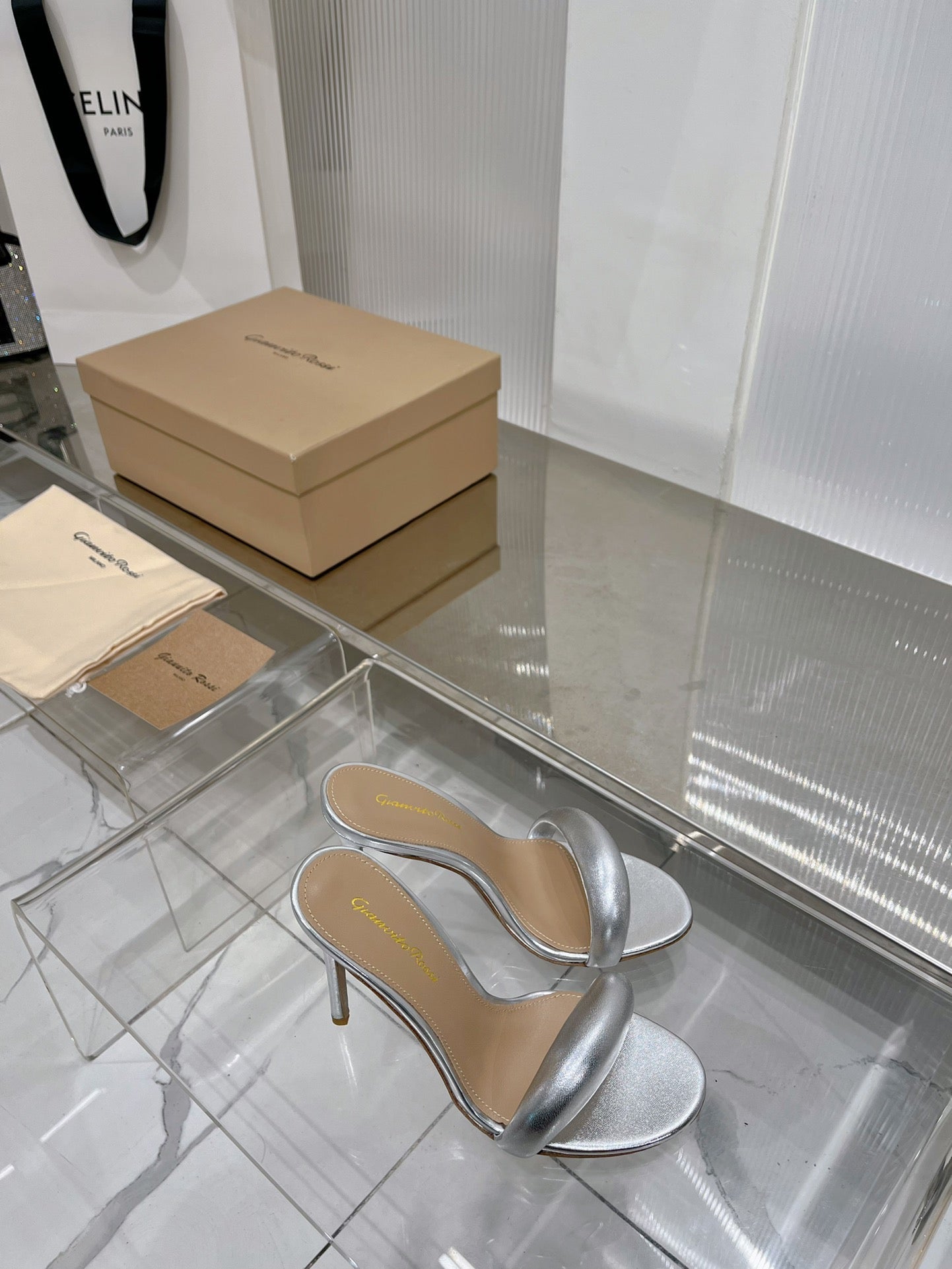 GIANVITO ROSSI 26S PADDED STRAP HIGH-HEEL MULES 105 MM IN SILVER LAMBSKIN