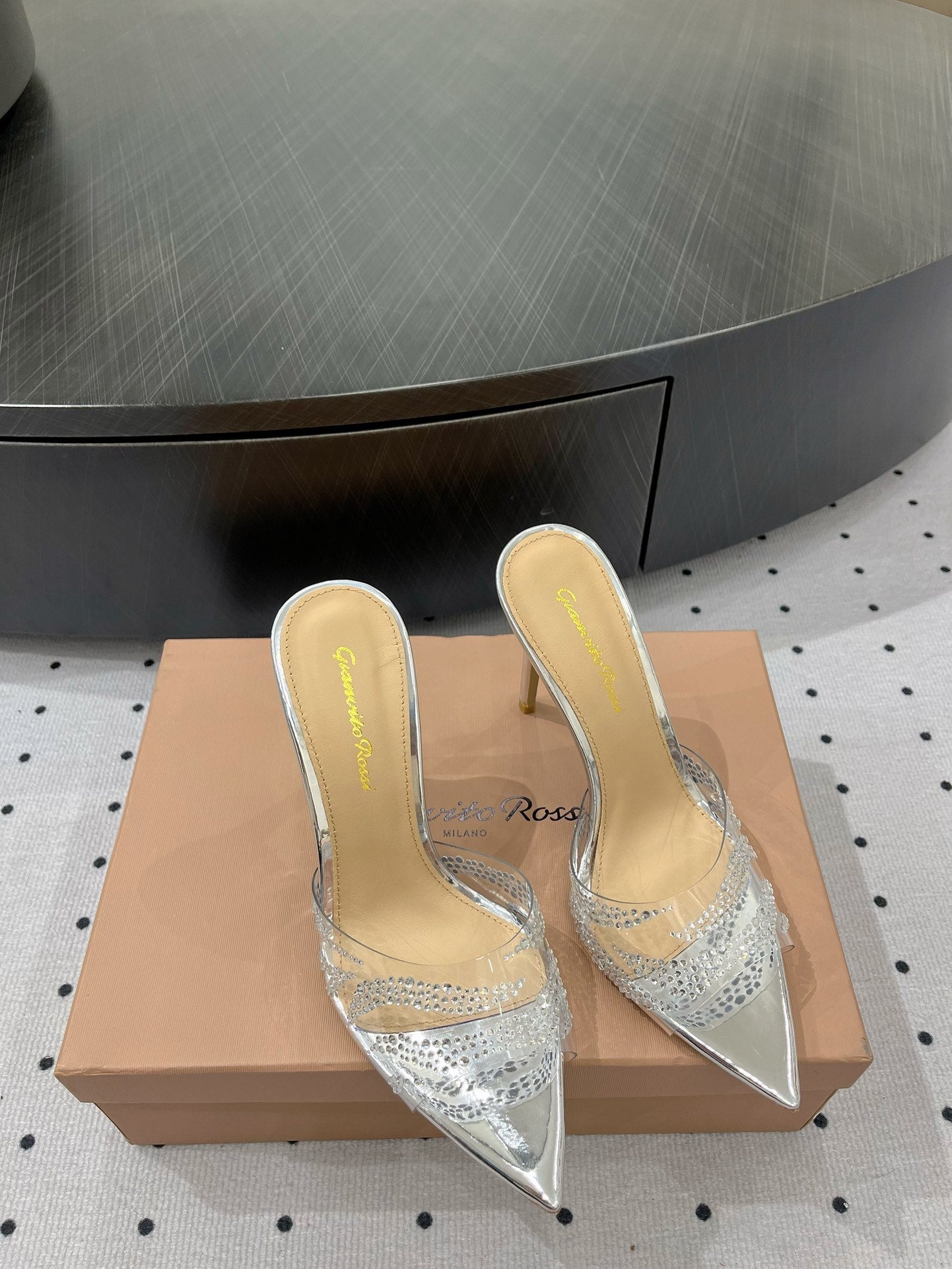 GIANVITO ROSSI 26S HIGH-HEEL SANDALS 110 MM IN SILVER RHINESTONE PVC