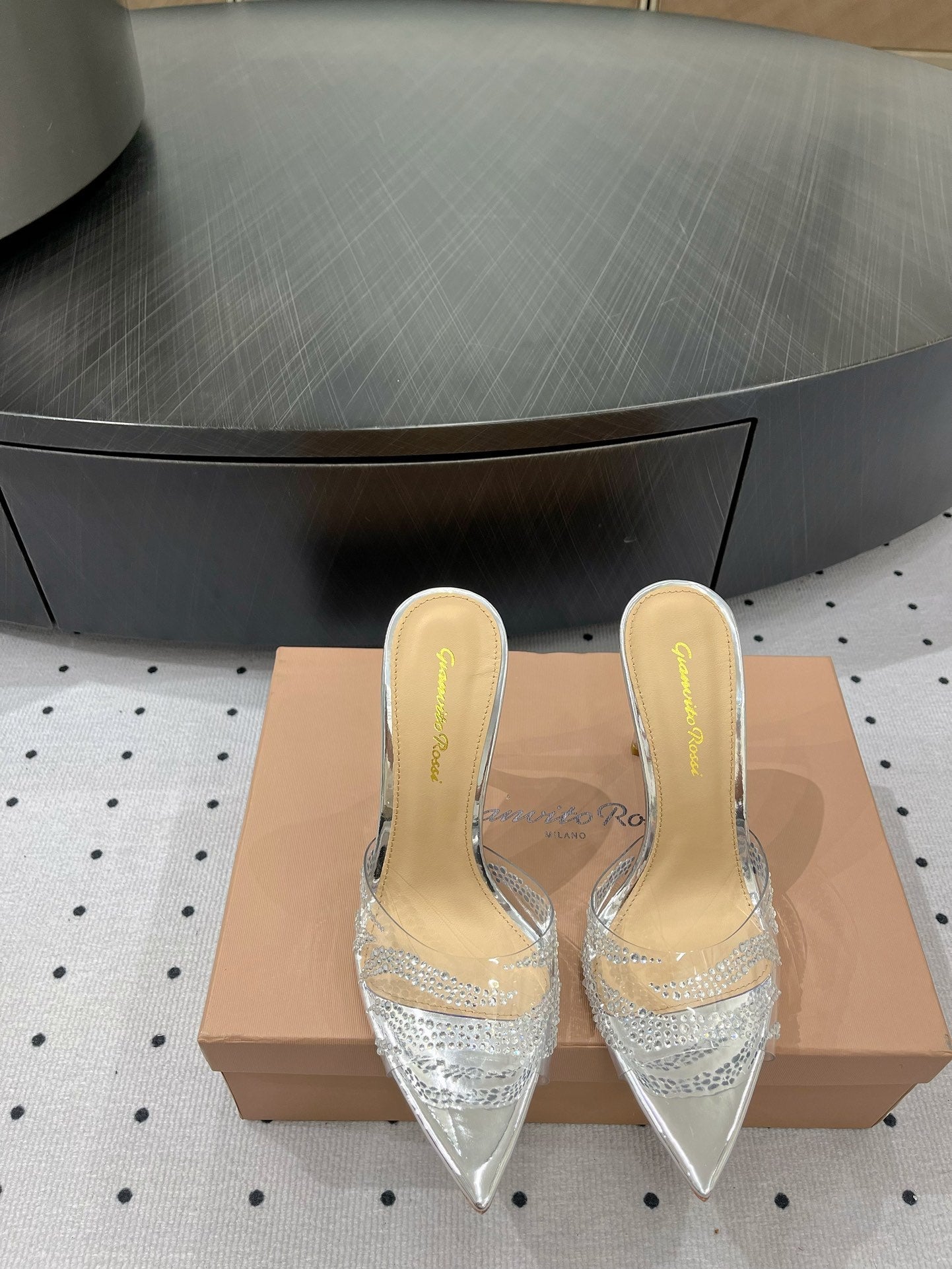 GIANVITO ROSSI 26S HIGH-HEEL SANDALS 110 MM IN SILVER RHINESTONE PVC