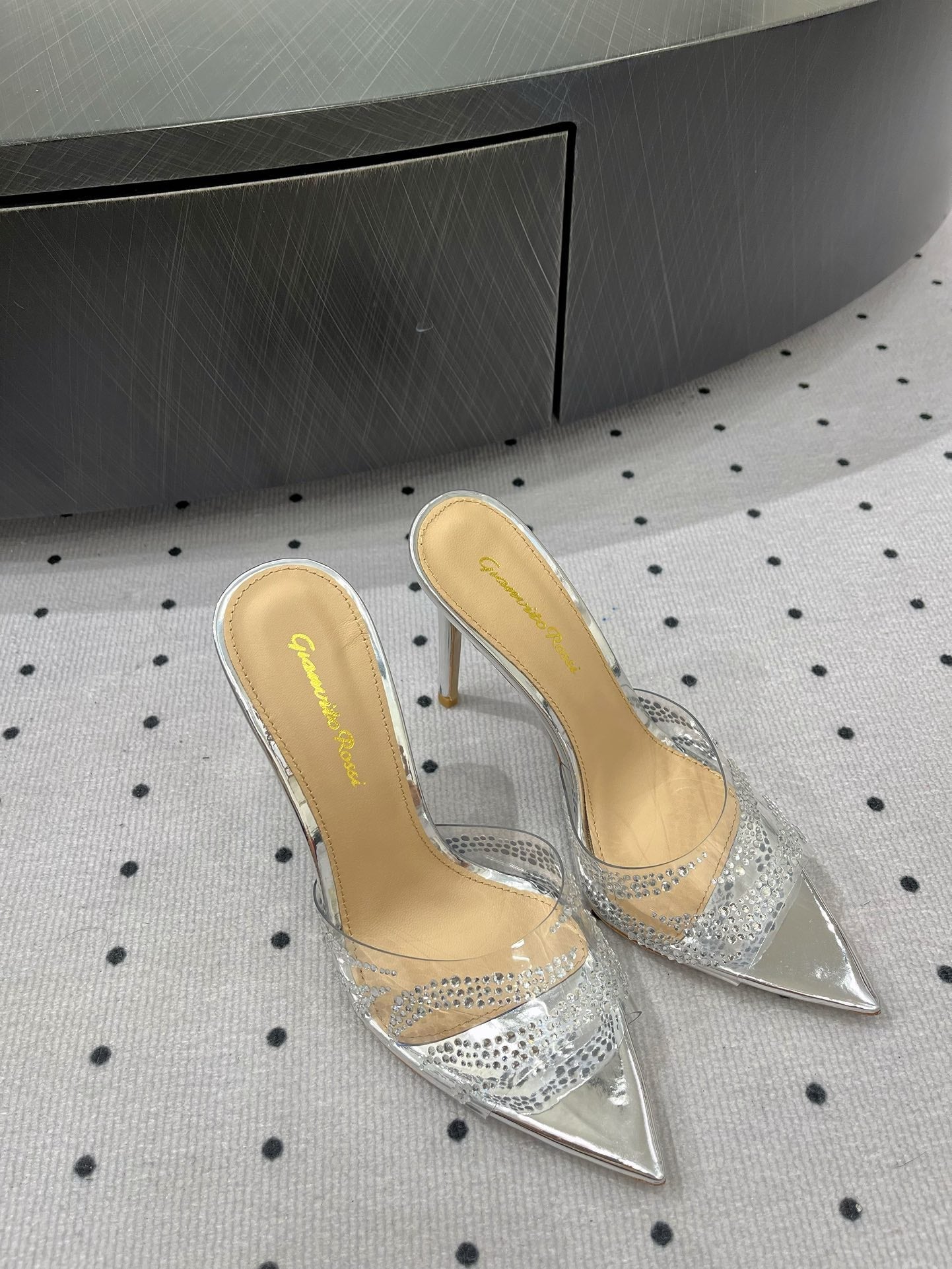 GIANVITO ROSSI 26S HIGH-HEEL SANDALS 110 MM IN SILVER RHINESTONE PVC