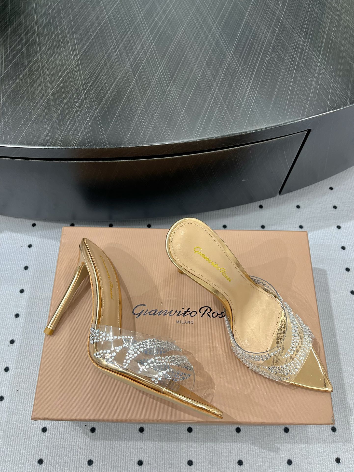 GIANVITO ROSSI 26S HIGH-HEEL SANDALS 110 MM IN GOLD RHINESTONE PVC