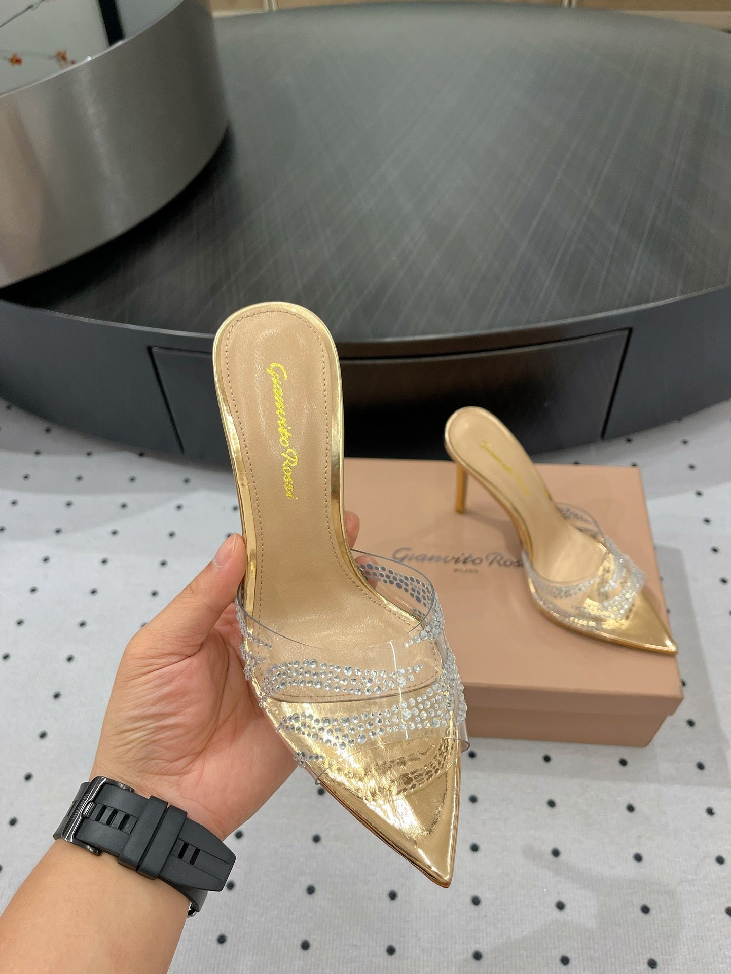 GIANVITO ROSSI 26S HIGH-HEEL SANDALS 110 MM IN GOLD RHINESTONE PVC