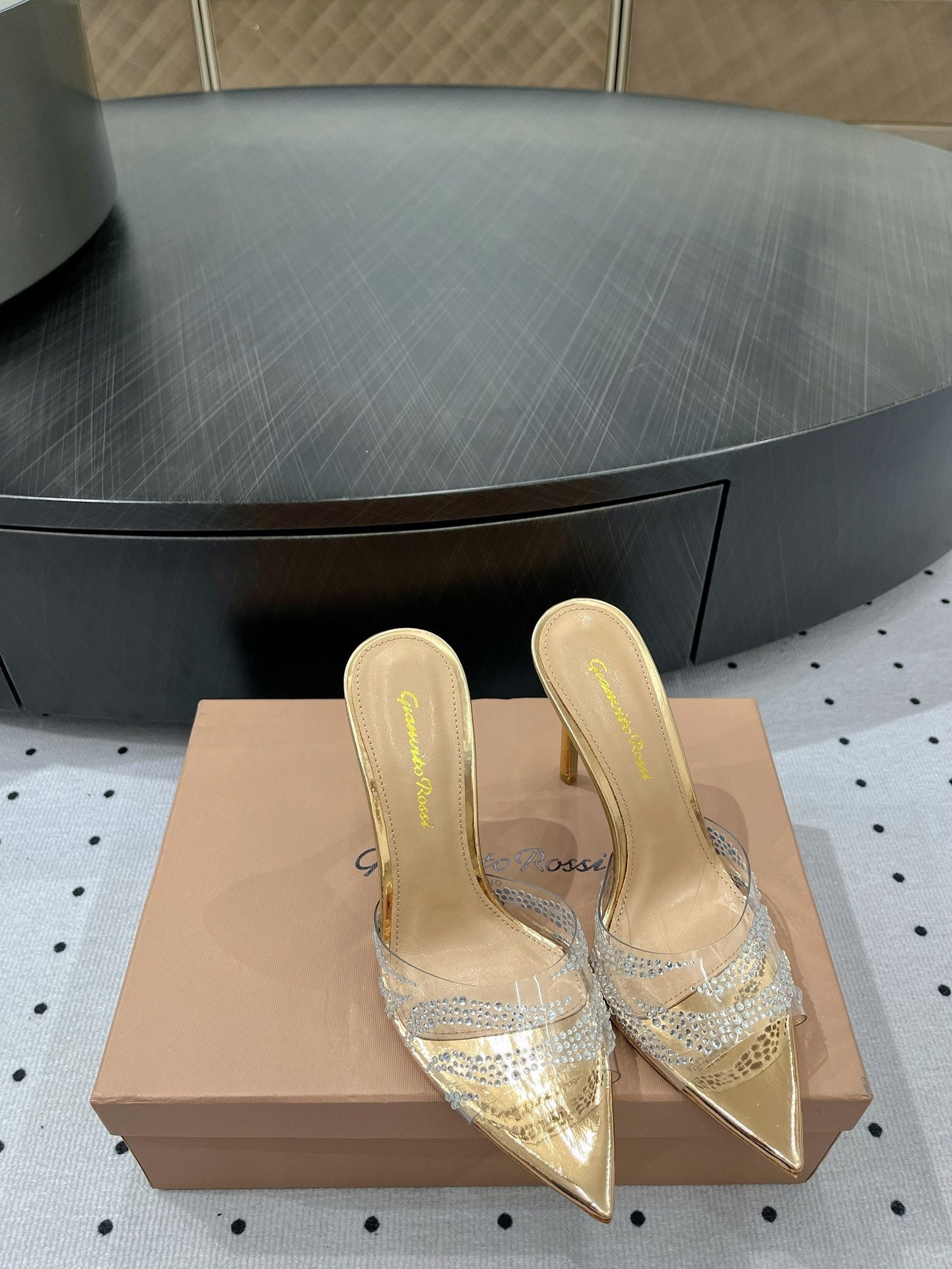 GIANVITO ROSSI 26S HIGH-HEEL SANDALS 110 MM IN GOLD RHINESTONE PVC