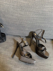 YSL 26S CROSS-STRAP SANDALS 150 MM IN BLACK SATIN