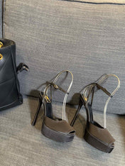 YSL 26S PLATFORM SANDALS 150 MM IN TAUPE AND BLACK SATIN
