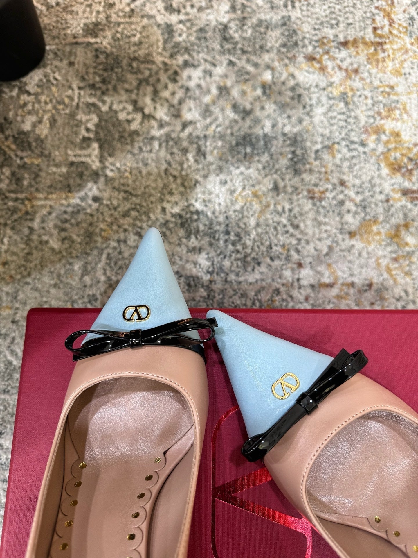 VALENTINO 26S BOW HIGH HEELS 75 MM IN NUDE AND LIGHT BLUE CALFSKIN