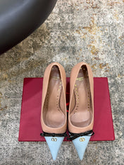 VALENTINO 26S BOW HIGH HEELS 75 MM IN NUDE AND LIGHT BLUE CALFSKIN