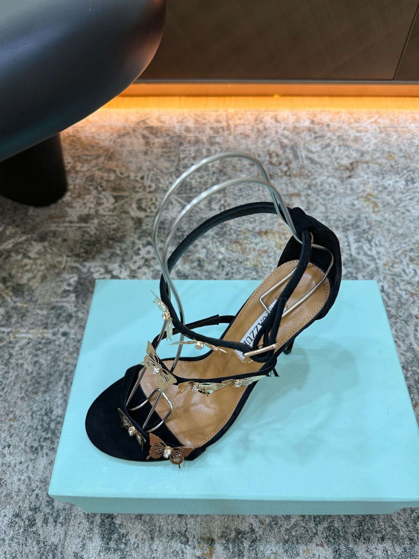 AQUAZZURA 26S BUTTERFLY SANDALS 95 MM IN BLACK SUEDE 