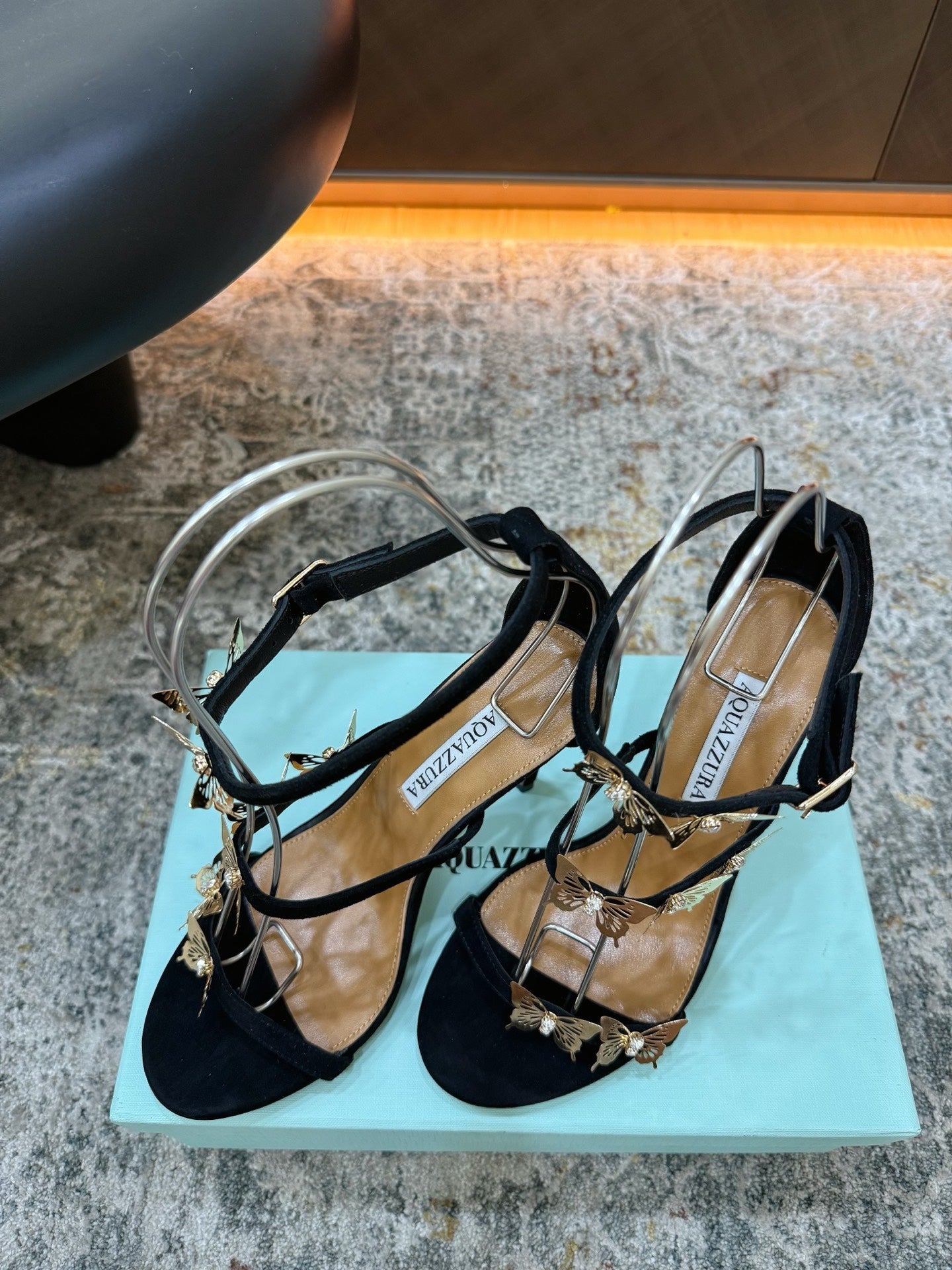 AQUAZZURA 26S BUTTERFLY SANDALS 95 MM IN BLACK SUEDE 
